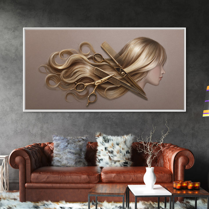 Luxury Black and Gold Beauty Emblem Framed Canvas Print, Hair Salon Art, Fine Art Print, Living Room Decor, Fine Art, Style, HSA-2x1-20