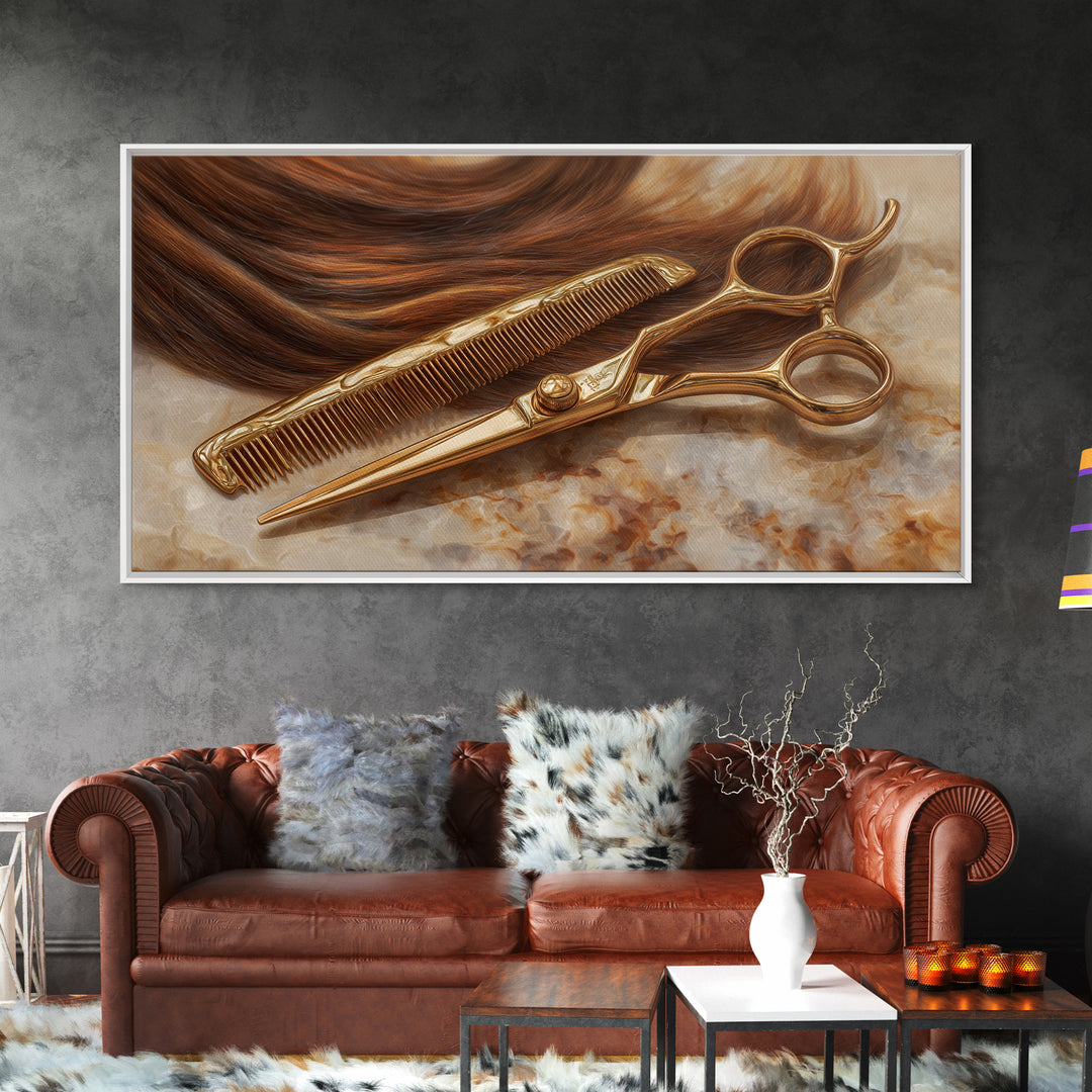 Gold Scissors and Comb Still Life on Canvas Print, Hair Salon Art, Statement Artwork, Living Room Decor, Fine Art, Style, HSA-2x1-22