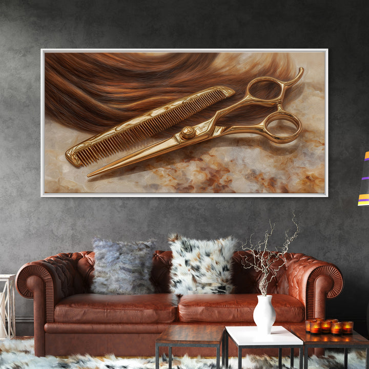 Gold Scissors and Comb Still Life on Canvas Print, Hair Salon Art, Statement Artwork, Living Room Decor, Fine Art, Style, HSA-2x1-22
