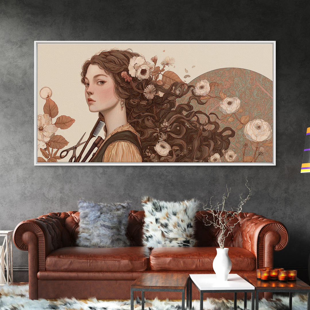 Botanical Hairstyle Portrait Canvas Print, Hair Salon Art, Boho Decor, Living Room Decor, Fine Art, Style, Art Print, HSA-2x1-26