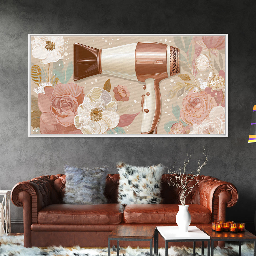 Hairdryer and Brush Framed Canvas Print, Hair Salon Art, Art, Living Room Decor, Watercolor Art, Style, Black Art Prints, HSA-2x1-29