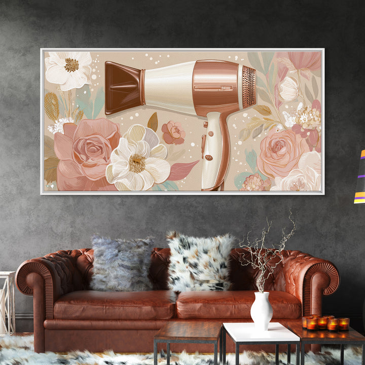 Hairdryer and Brush Framed Canvas Print, Hair Salon Art, Art, Living Room Decor, Watercolor Art, Style, Black Art Prints, HSA-2x1-29