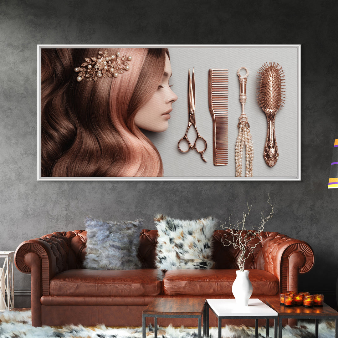 Rose Gold Salon Tool Still Life Framed Canvas Print, Hair Salon Art, Luxury Decor, Living Room Decor, Fine Art, Style, HSA-2x1-34