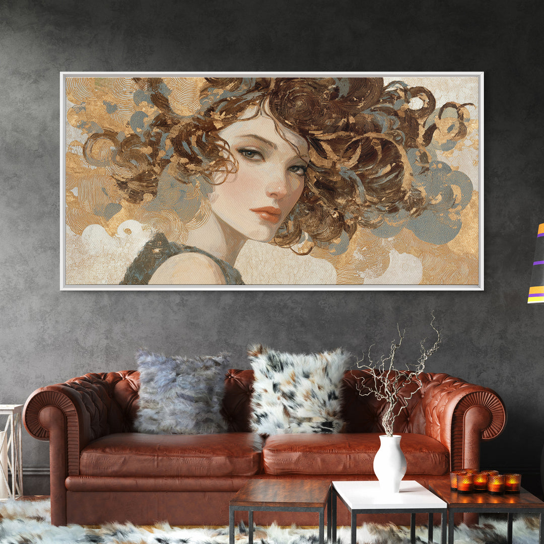 Curly Hair Portrait Framed Canvas Print, Hair Salon Art, Living Room Decor, Oil Painting, Style, Printable Art, HSA-2x1-35