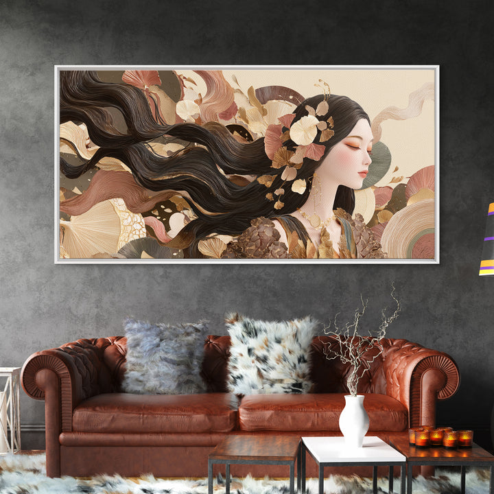 Fashion Portrait with Flowing Glossy Hair Framed Canvas Print, Hair Salon Art, Digital Art, Living Room Decor, Fine Art, Style, HSA-2x1-45