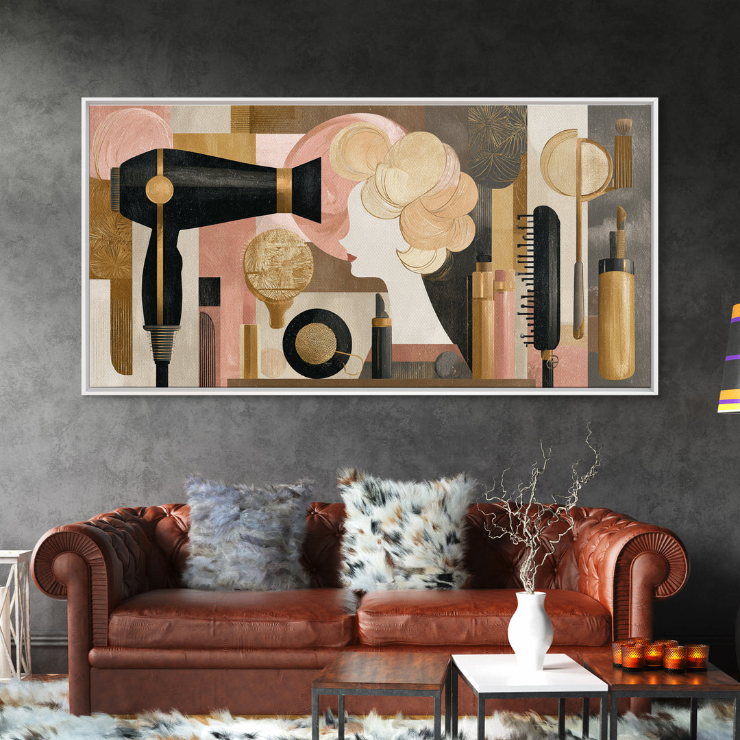 Hairdryer and Brush Framed Canvas Print, Hair Salon Art, Art, Living Room Decor, Watercolor Art, Style, Black Art Prints, HSA-2x1-5