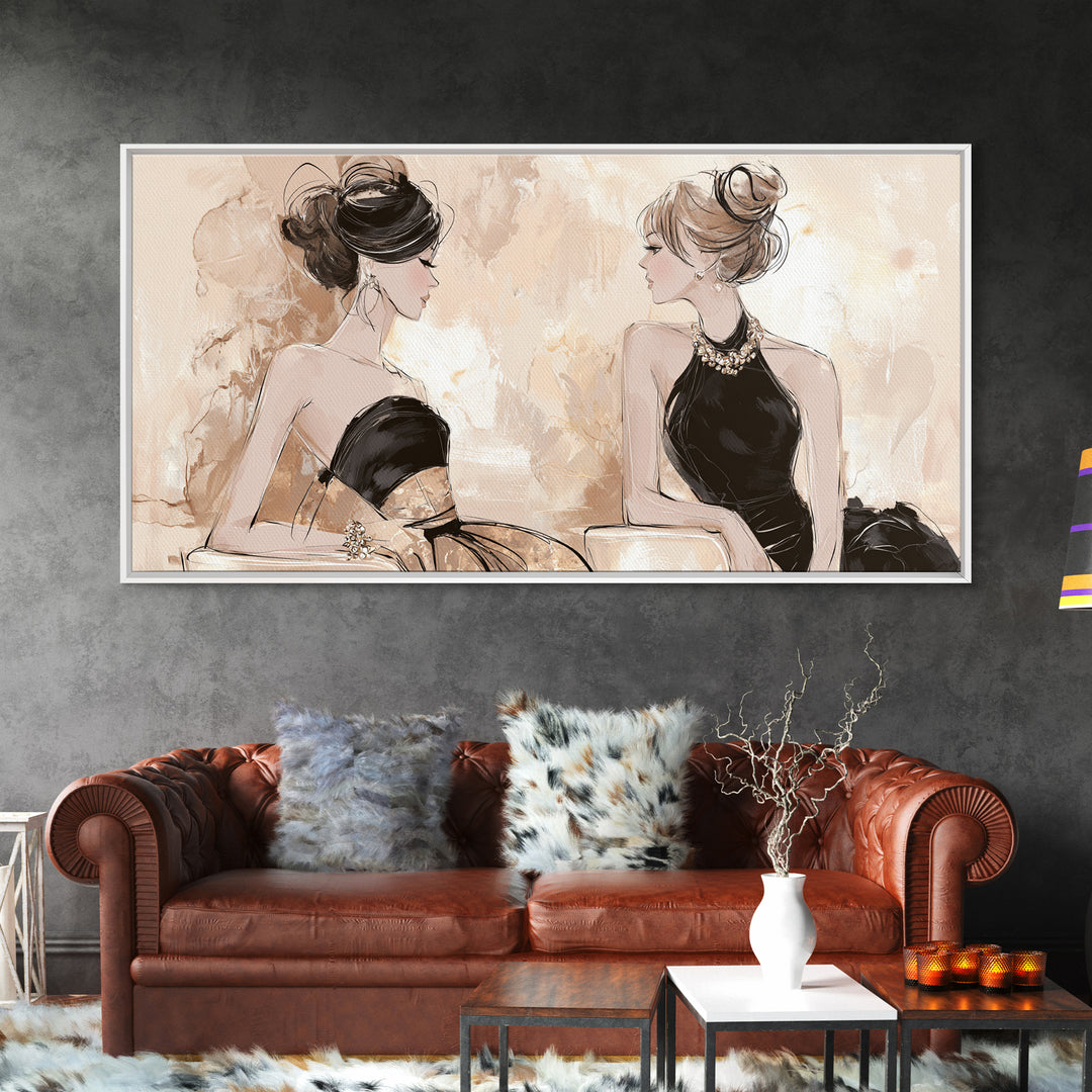 Black and White Line Art Salon Figure Framed Canvas Print, Hair Salon Art, Minimalist Wall Art, Living Room Decor, Style, HSA-2x1-51