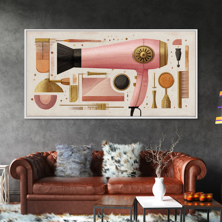 Hairdryer and Brush Canvas Print, Hair Salon Art, Metal Wall Art, Living Room Decor, Oil Painting, Style, Black and White Art, HSA-2x1-53