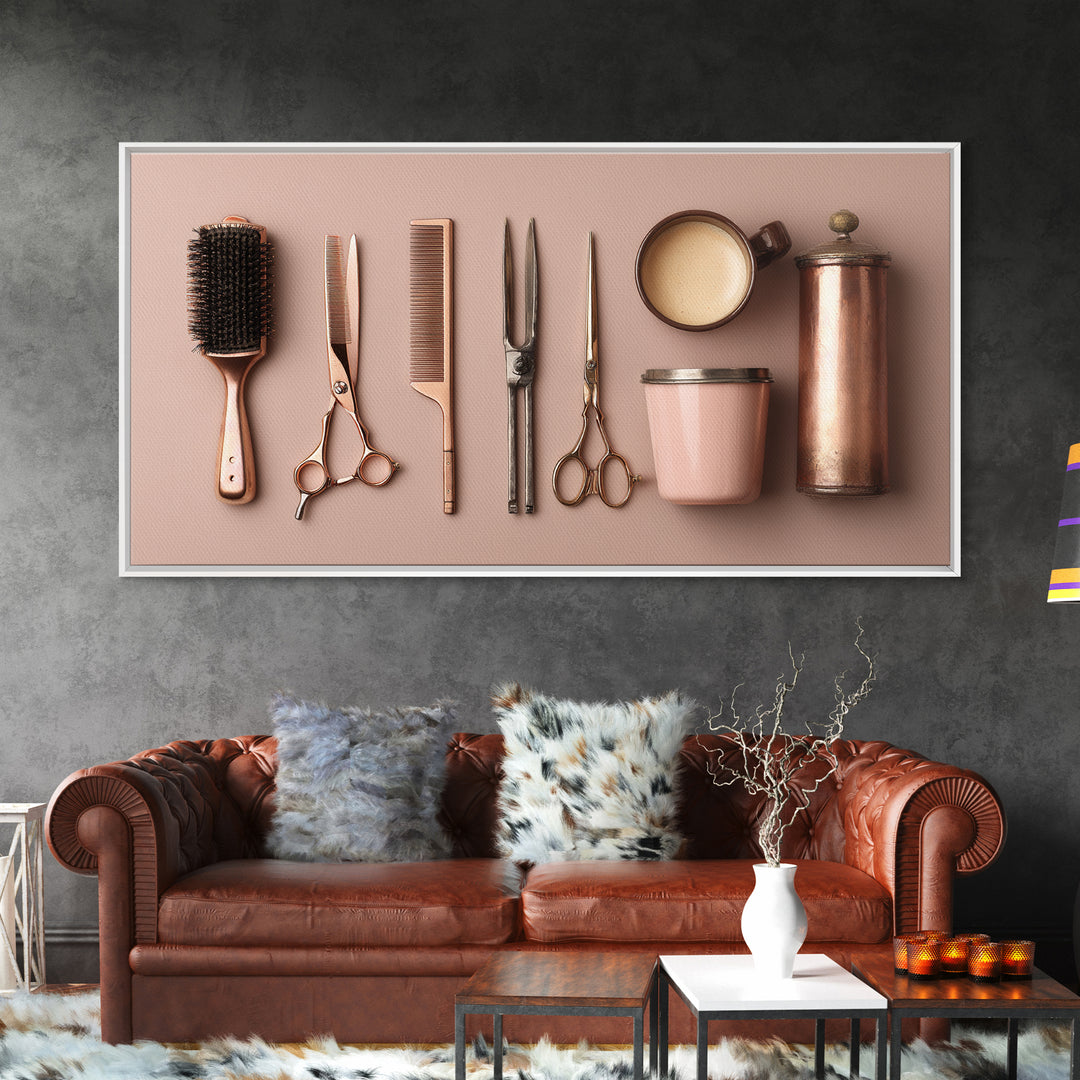 Rose Gold Salon Tool Still Life Canvas Print, Hair Salon Art, Wall Art, Living Room Decor, Fine Art, Style, Minimalist Wall Art, HSA-2x1-58