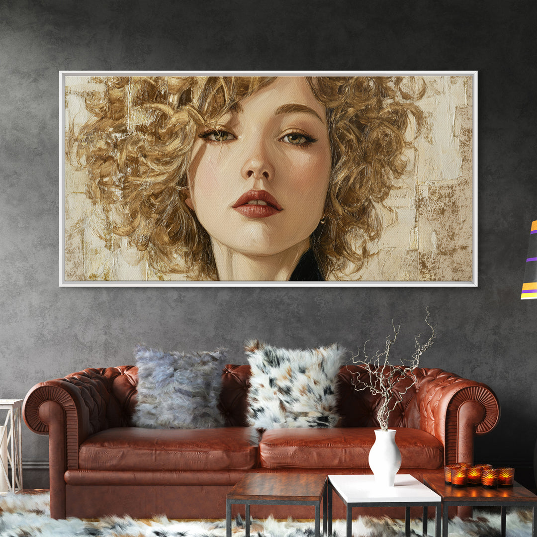 Curly Hair Portrait Framed Canvas Print, Hair Salon Art, Black and White Art, Living Room Decor, Fine Art, Style, Neutral Decor, HSA-2x1-59