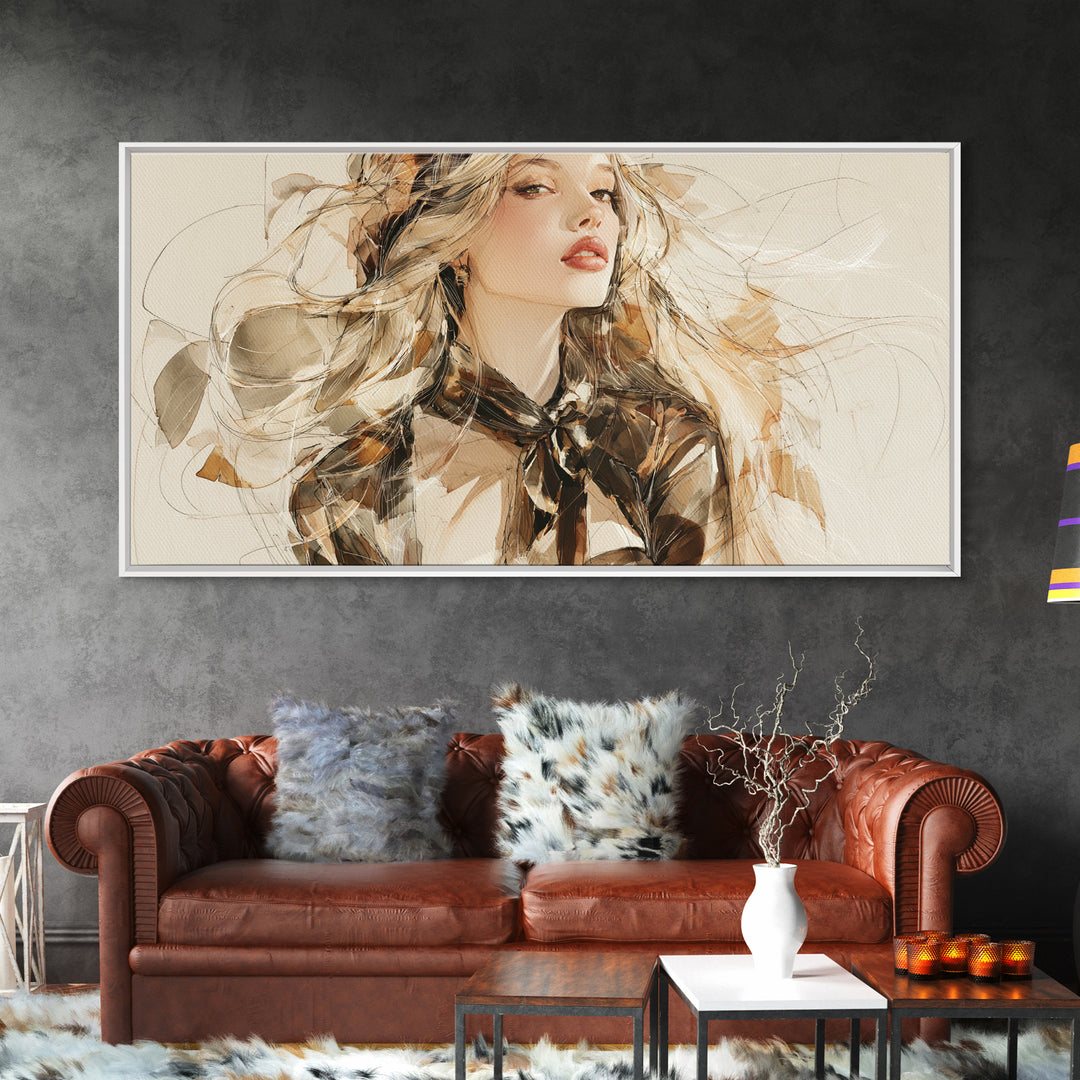 Fashion Portrait with Flowing Glossy Hair Canvas Print, Hair Salon Art, Modern Art, Living Room Decor, Fine Art, Style, HSA-2x1-69
