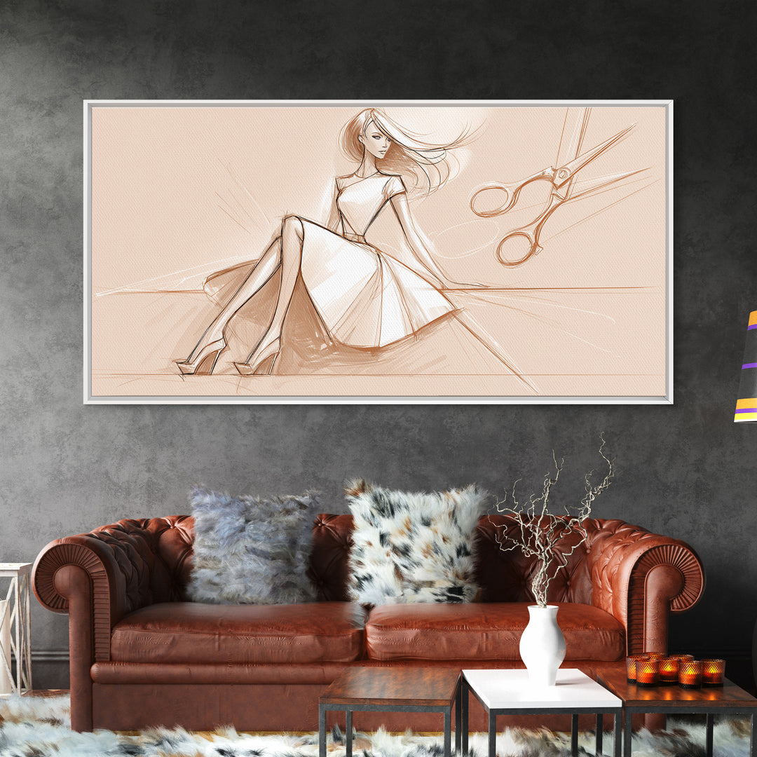 Black and White Line Art Salon Figure Framed Canvas Print, Hair Salon Art, Statement Artwork, Living Room Decor, Oil Painting, HSA-2x1-75