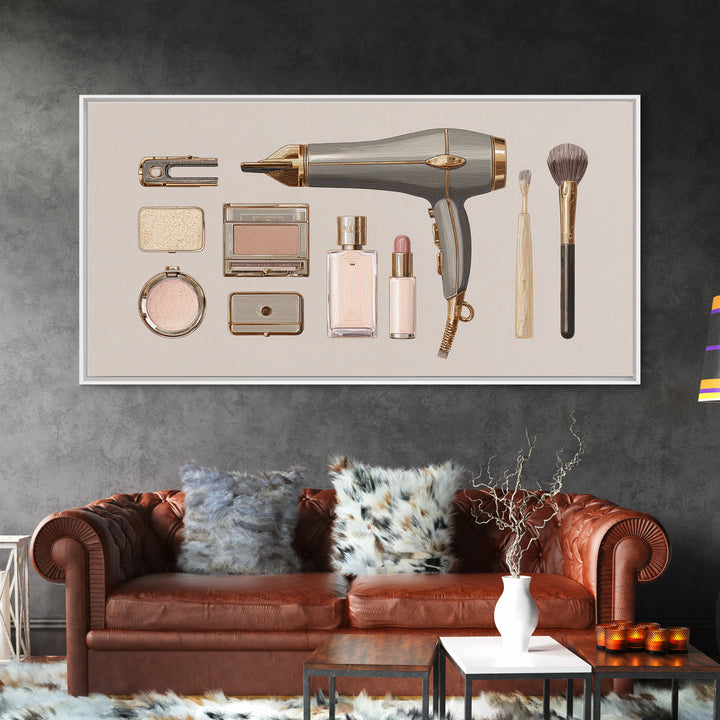 Hairdryer and Brush Canvas Print, Hair Salon Art, Metal Wall Art, Living Room Decor, Oil Painting, Style, Black and White Art, HSA-2x1-77