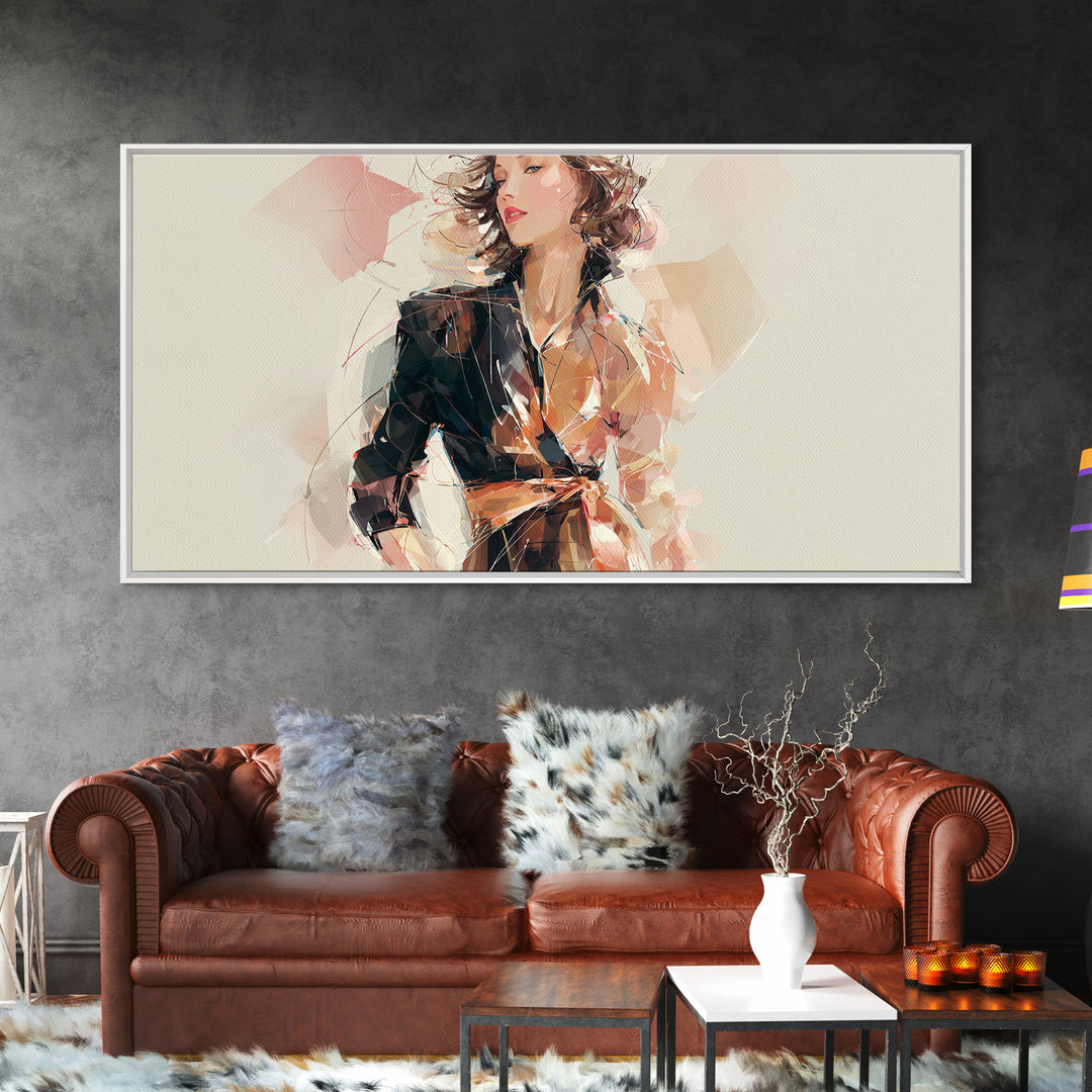 Colorful Fashion Illustration of a Stylish Woman Framed Canvas Print, Hair Salon Art, Black Art, Living Room Decor, Style, HSA-2x1-81