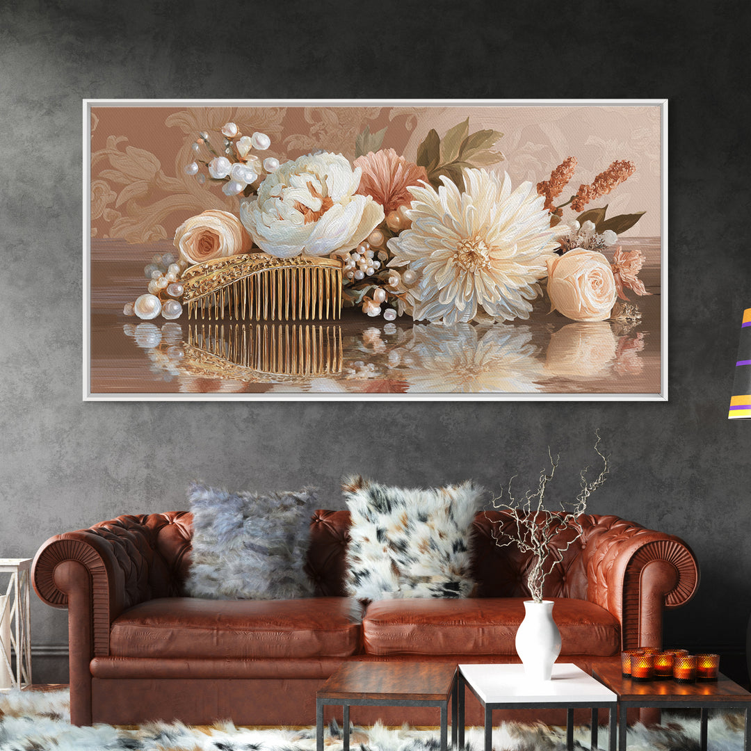 Baroque Mirror and Comb Still Life Framed Canvas Print, Hair Salon Art, Printable Art, Living Room Decor, Fine Art, Style, HSA-2x1-85