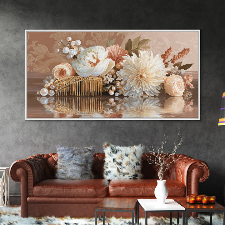Baroque Mirror and Comb Still Life Framed Canvas Print, Hair Salon Art, Printable Art, Living Room Decor, Fine Art, Style, HSA-2x1-85