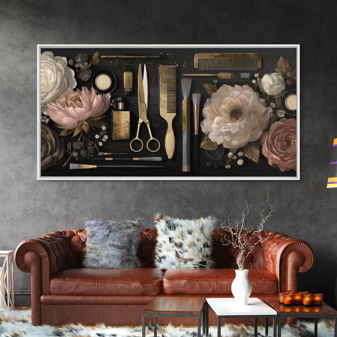 Luxury Black and Gold Beauty Emblem Framed Canvas Print, Hair Salon Art, African American Art, Living Room Decor, Oil Painting, HSA-2x1-92