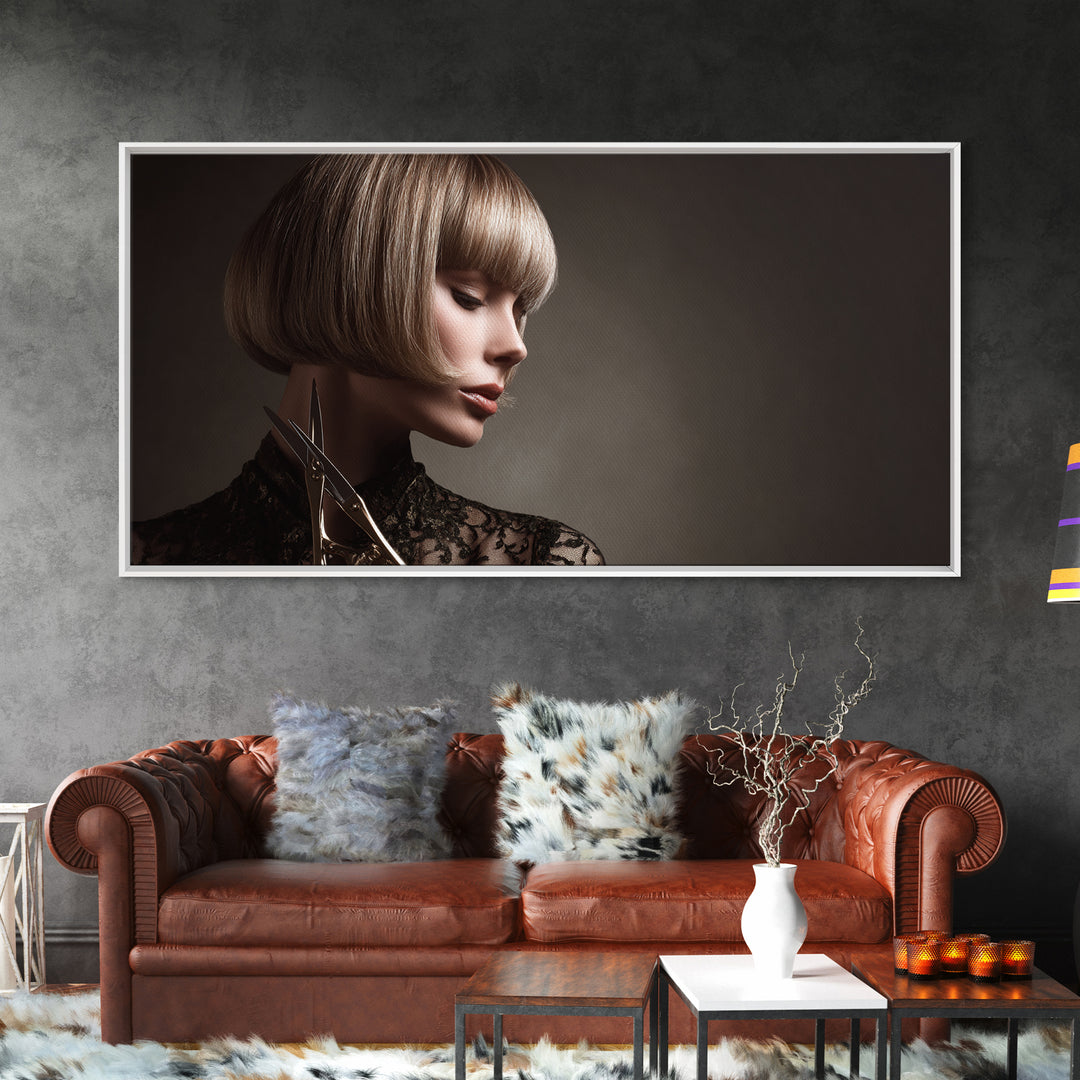Woman with Dramatic Bob Haircut in Art Framed Canvas Print, Hair Salon Art, Black and White Art, Living Room Decor, Style, HSA-2x1-96