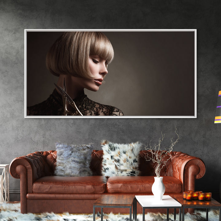 Woman with Dramatic Bob Haircut in Art Framed Canvas Print, Hair Salon Art, Black and White Art, Living Room Decor, Style, HSA-2x1-96