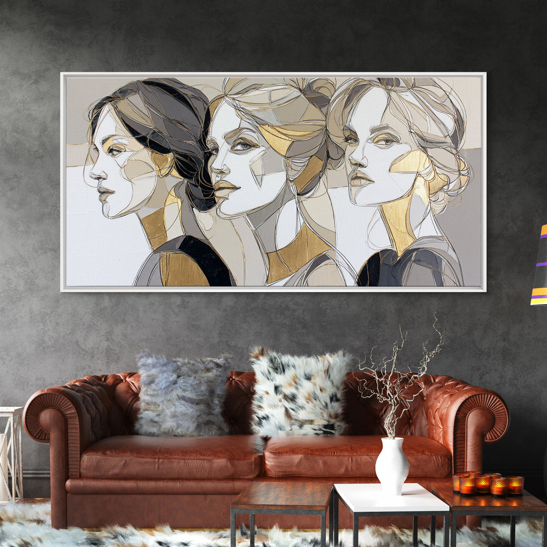 Black and White Line Art Salon Figure Framed Canvas Print, Hair Salon Art, Black Art Prints, Living Room Decor, Fine Art, Style, HSA-2x1-99