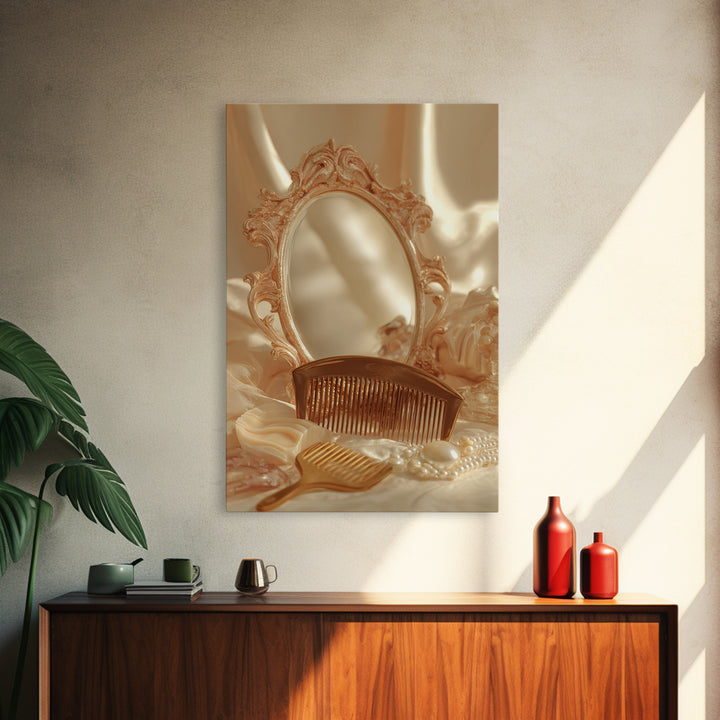 Baroque Mirror and Comb Still Life Framed Canvas Print, Hair Salon Art, Wall Art, Living Room Decor, Fine Art, Style, HSA-2x3-1