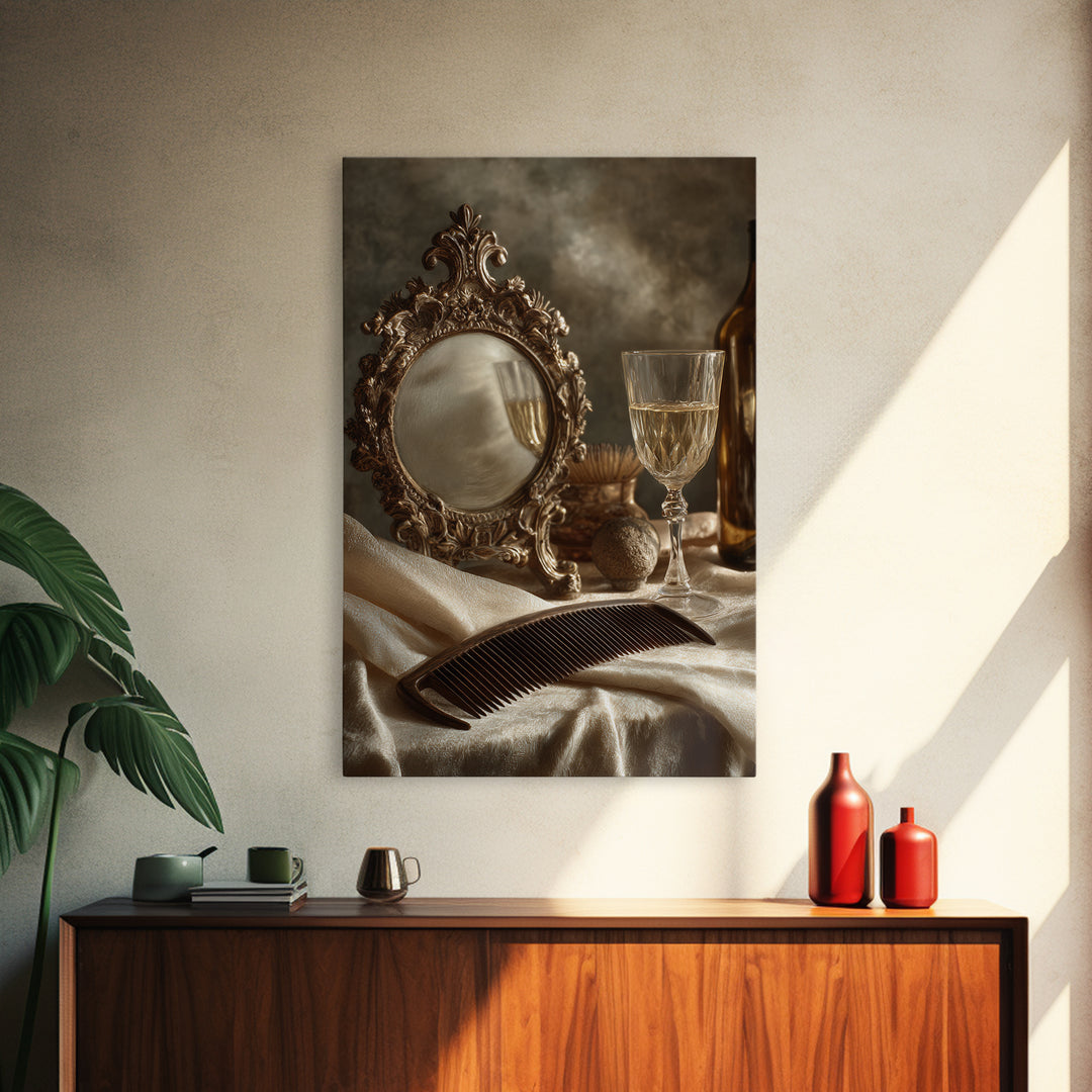 Baroque Mirror and Comb Still Life Framed Canvas Print, Hair Salon Art, Wall Art, Living Room Decor, Fine Art, Style, HSA-2x3-25