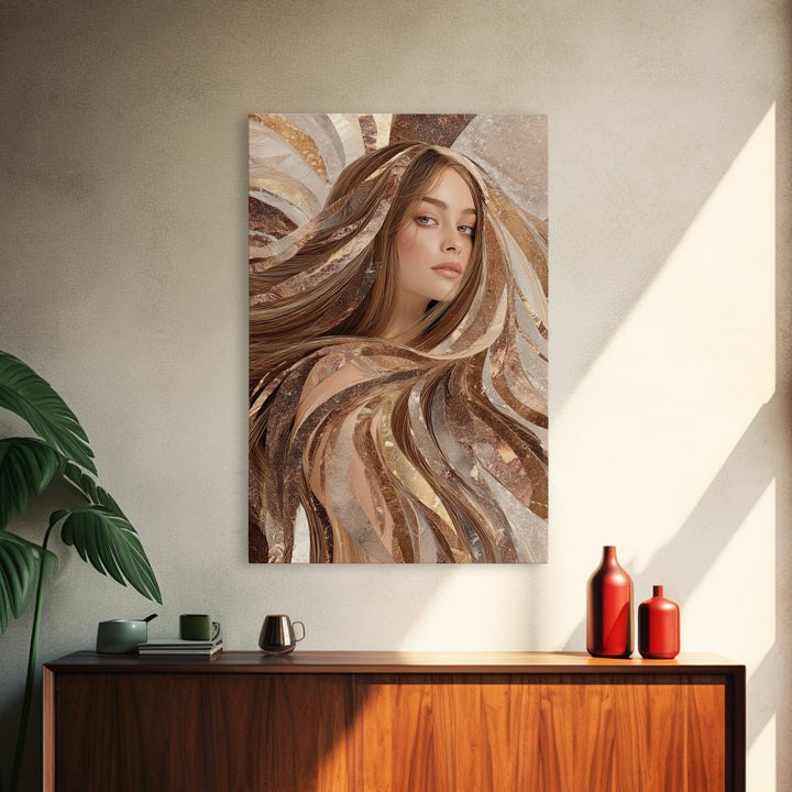Fashion Portrait with Flowing Glossy Hair Framed Canvas Print, Hair Salon Art, Metal Wall Art, Living Room Decor, Style, HSA-2x3-33