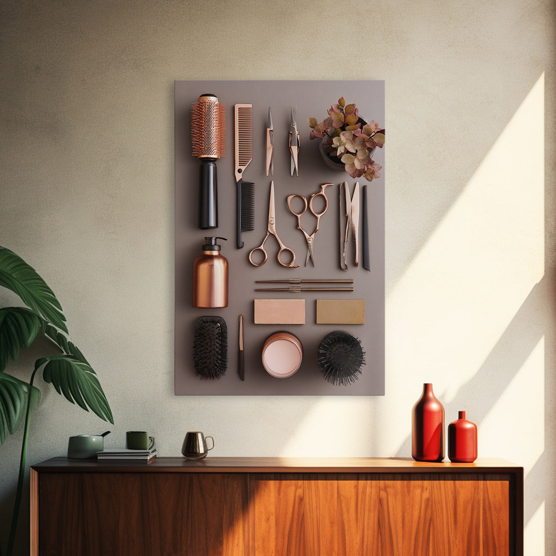 Rose Gold Salon Tool Still Life Framed Canvas Print, Hair Salon Art, Textured Painting, Living Room Decor, Fine Art, Style, HSA-2x3-46