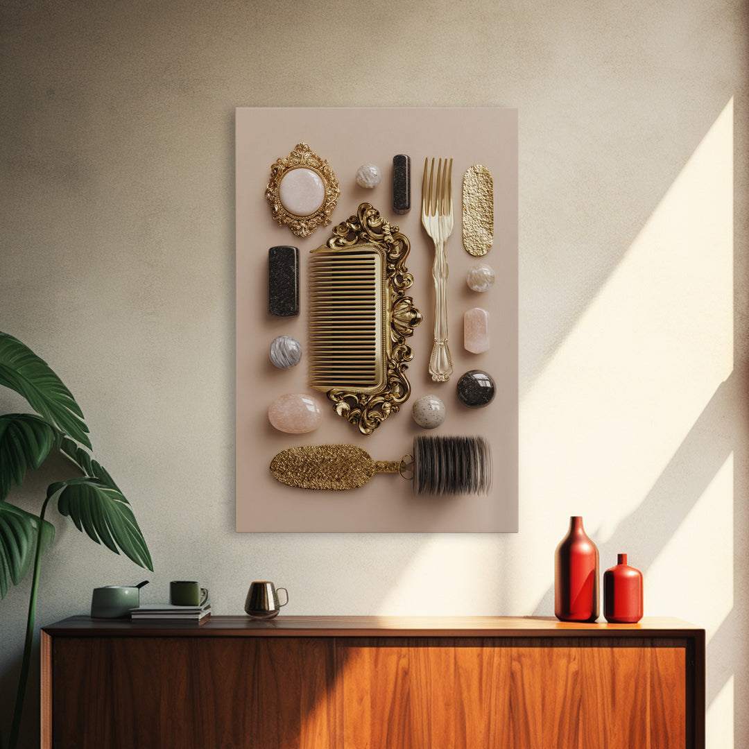 Baroque Mirror and Comb Still Life Canvas Print, Hair Salon Art, Digital Art, Living Room Decor, Style, Digital Download Art, HSA-2x3-49