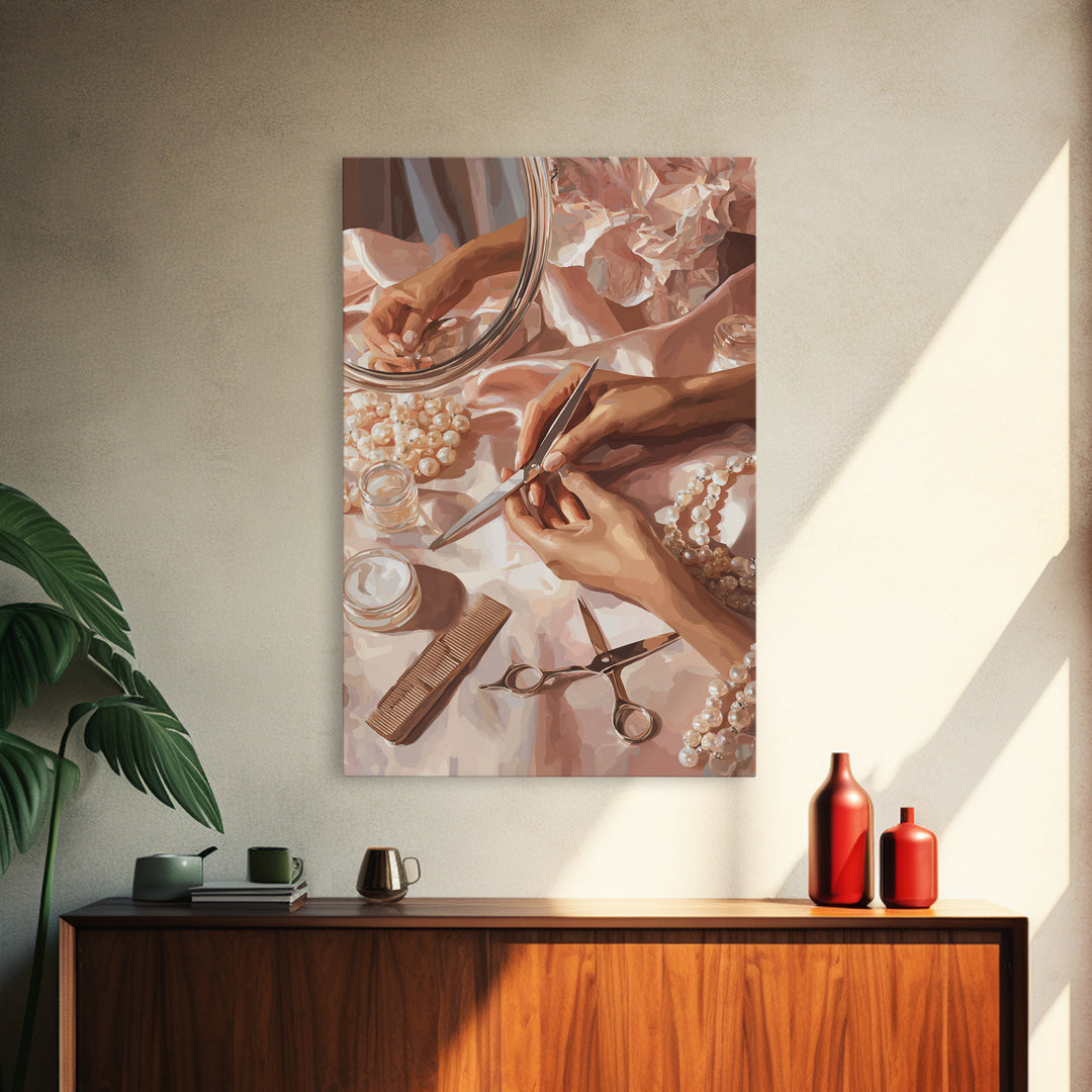 Elegant Hands Styling Hair Canvas Print, Hair Salon Art, Minimalist Decor, Living Room Decor, Fine Art, Style, Black Wall Art, HSA-2x3-54