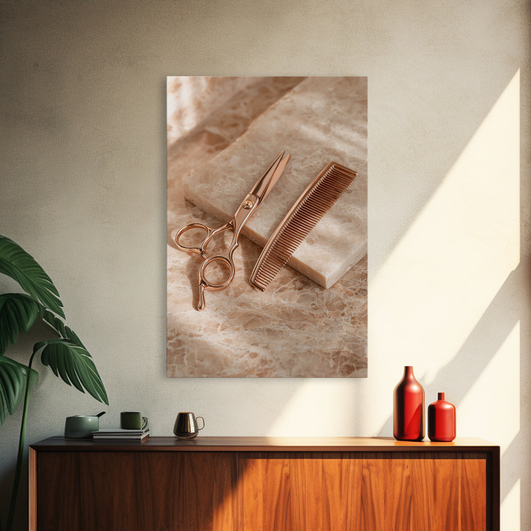 Gold Scissors and Comb Still Life on Canvas Print, Hair Salon Art, Art Print, Living Room Decor, Style, Black Owned Art, HSA-2x3-58
