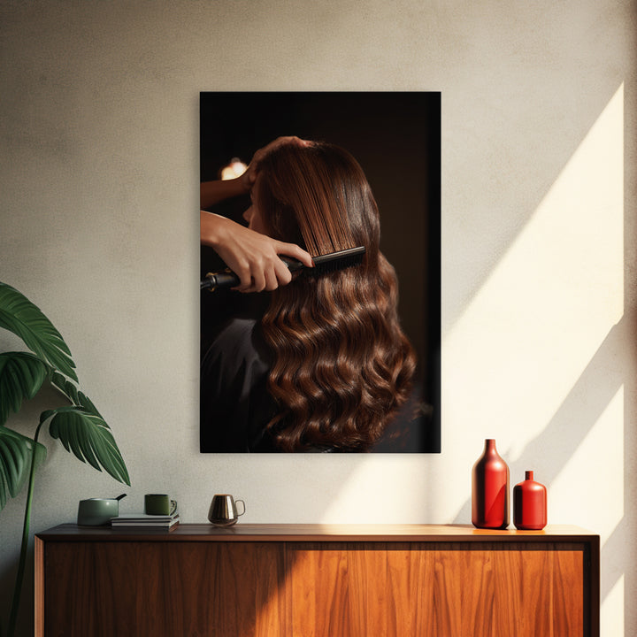 Elegant Hands Styling Hair Framed Canvas Print, Hair Salon Art, Boho Decor, Living Room Decor, Fine Art, Style, Art Print, HSA-2x3-6