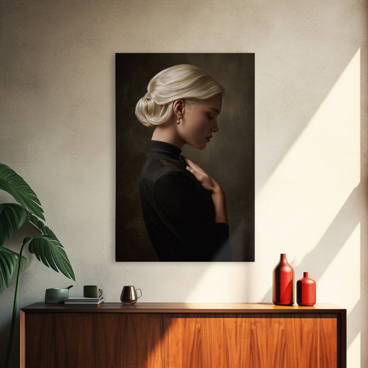 Minimal Female Profile Framed Canvas Print, Hair Salon Art, Metal Wall Art, Living Room Decor, Style, Black and White Art, HSA-2x3-68