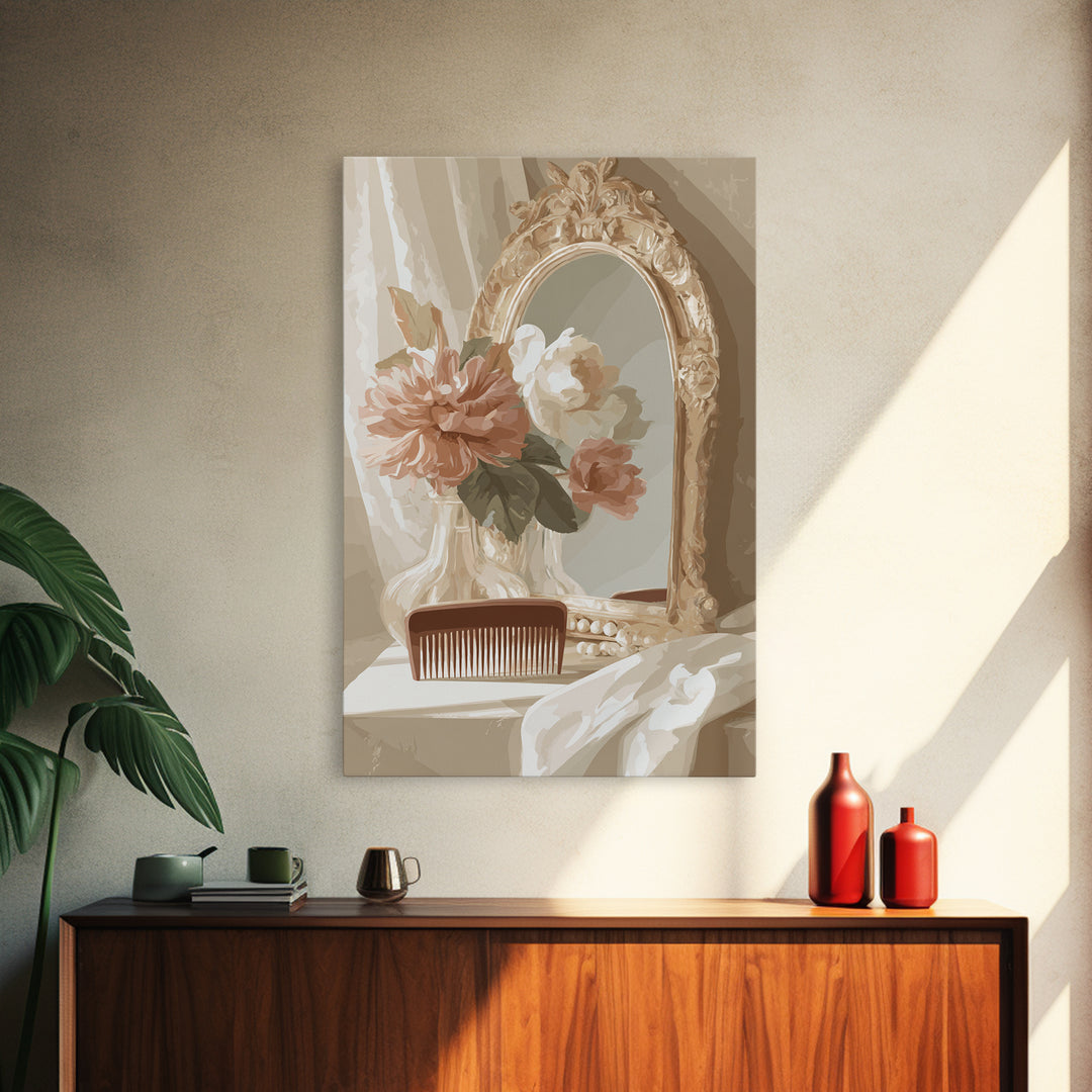 Baroque Mirror and Comb Still Life Framed Canvas Print, Hair Salon Art, Modern Art, Living Room Decor, Fine Art, Style, HSA-2x3-73