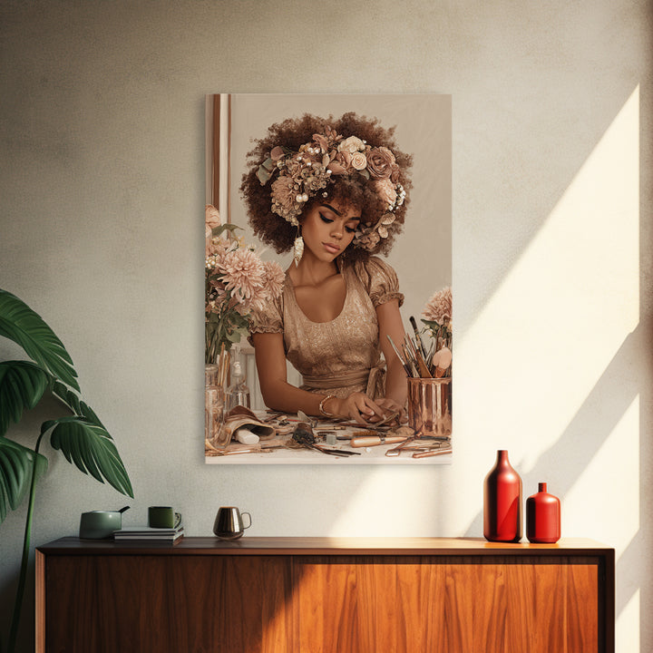Afro Hair Portrait Framed Canvas Print, Hair Salon Art, African Art, Living Room Decor, Fine Art, Style, Girls Room Decor, HSA-2x3-76