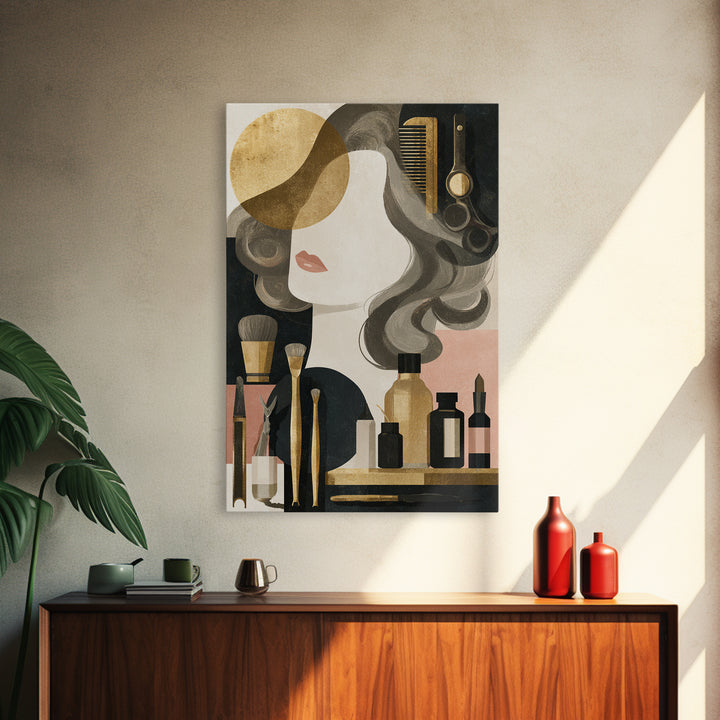 Luxury Black and Gold Beauty Emblem Framed Canvas Print, Hair Salon Art, Living Room Decor, Watercolor Art, Style, HSA-2x3-80