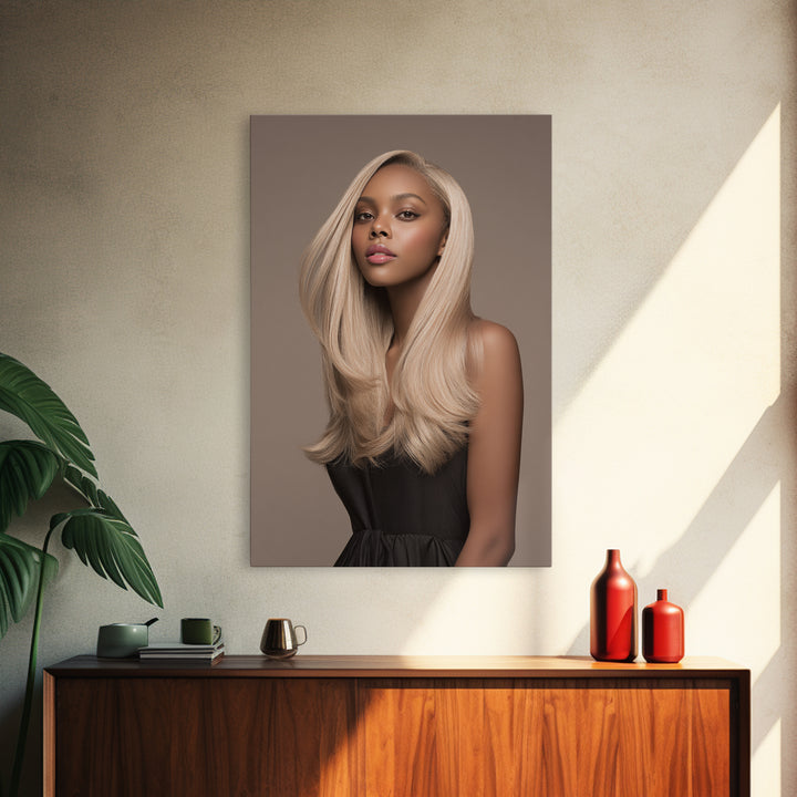 Fashion Portrait with Flowing Glossy Hair Canvas Print, Hair Salon Art, African American Art, Living Room Decor, Style, HSA-2x3-81