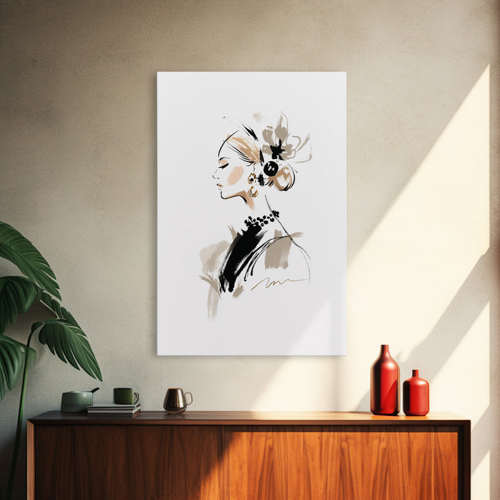 Black and White Line Art Salon Figure Framed Canvas Print, Hair Salon Art, African Art, Living Room Decor, Fine Art, Style, HSA-2x3-87