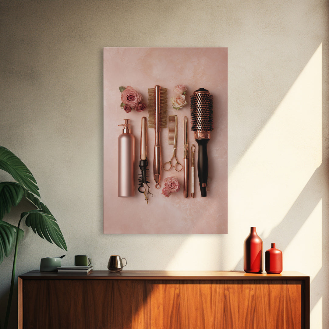 Rose Gold Salon Tool Still Life Framed Canvas Print, Hair Salon Art, Metal Wall Art, Living Room Decor, Fine Art, Style, HSA-2x3-94