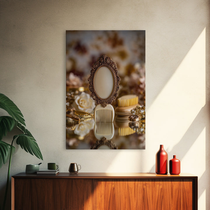 Baroque Mirror and Comb Still Life Framed Canvas Print, Hair Salon Art, Modern Art, Living Room Decor, Fine Art, Style, HSA-2x3-97