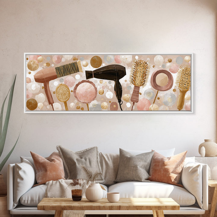 Hairdryer and Brush Framed Canvas Print, Hair Salon Art, African American Art, Living Room Decor, Fine Art, Style, Salon Sign, HSA-3x1-1