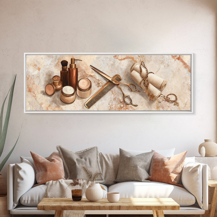 Gold Scissors and Comb Still Life on Canvas Print, Hair Salon Art, Black Art Prints, Living Room Decor, Fine Art, Style, HSA-3x1-42