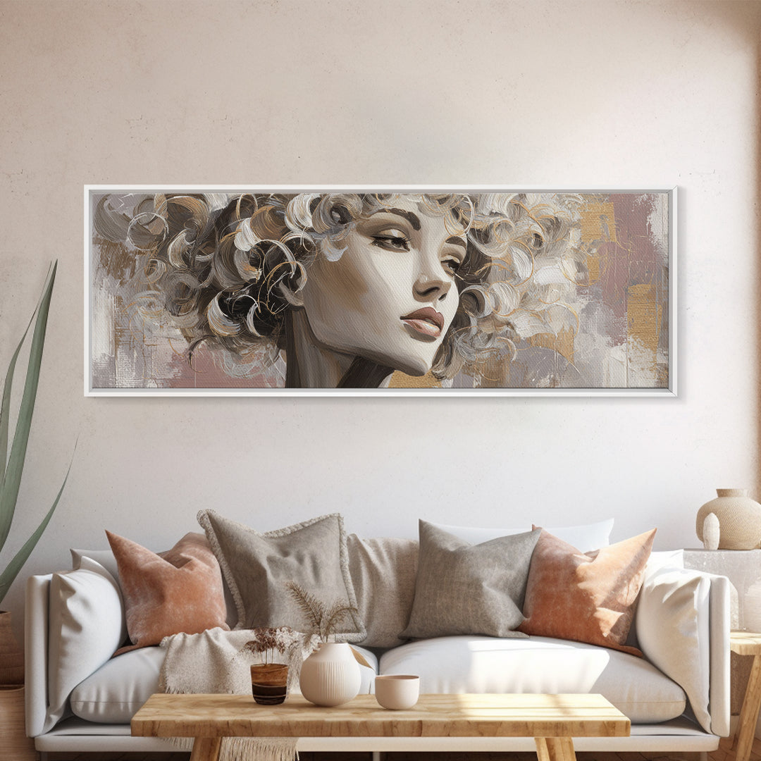 Curly Hair Portrait Framed Canvas Print, Hair Salon Art, Contemporary Art, Living Room Decor, Fine Art, Style, Modern Art, HSA-3x1-55