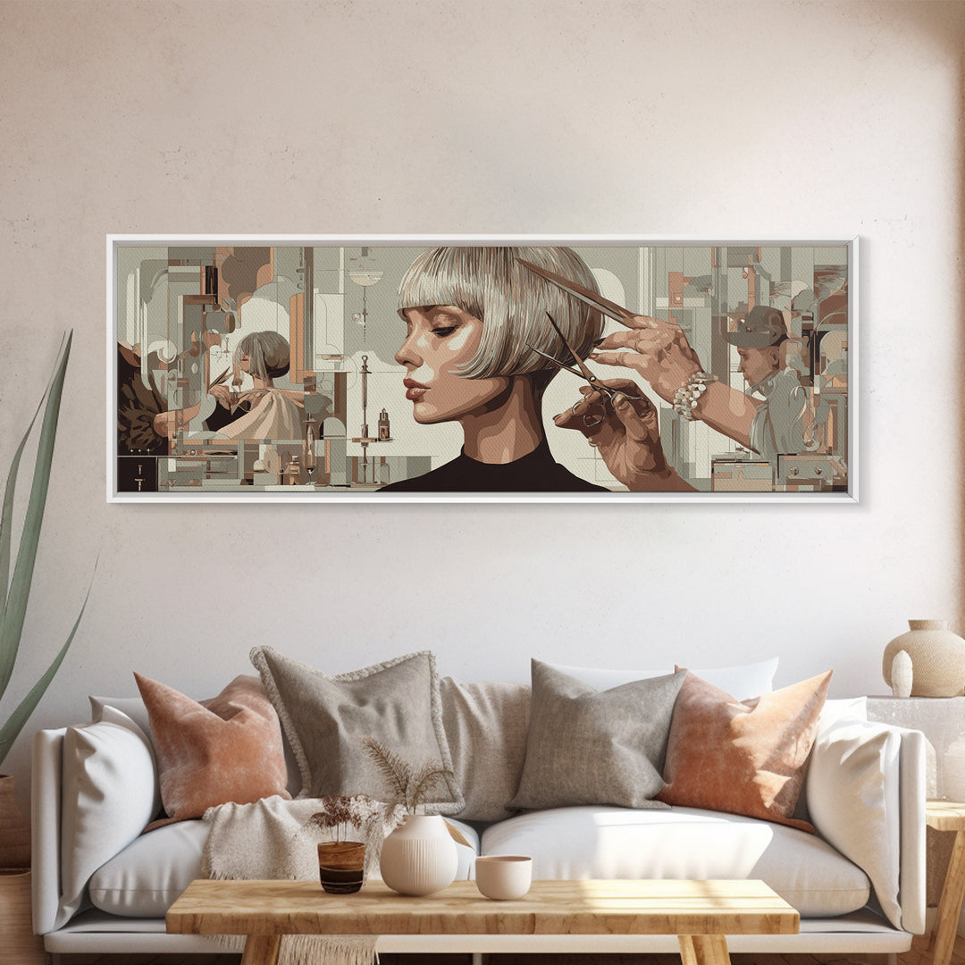 Woman with Dramatic Bob Haircut in Art Framed Canvas Print, Hair Salon Art, Contemporary Art, Living Room Decor, Style, HSA-3x1-68
