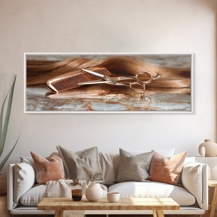Rose Gold Salon Tool Still Life Canvas Print, Hair Salon Art, Art, Living Room Decor, Fine Art, Style, Black Art Prints, HSA-3x1-78
