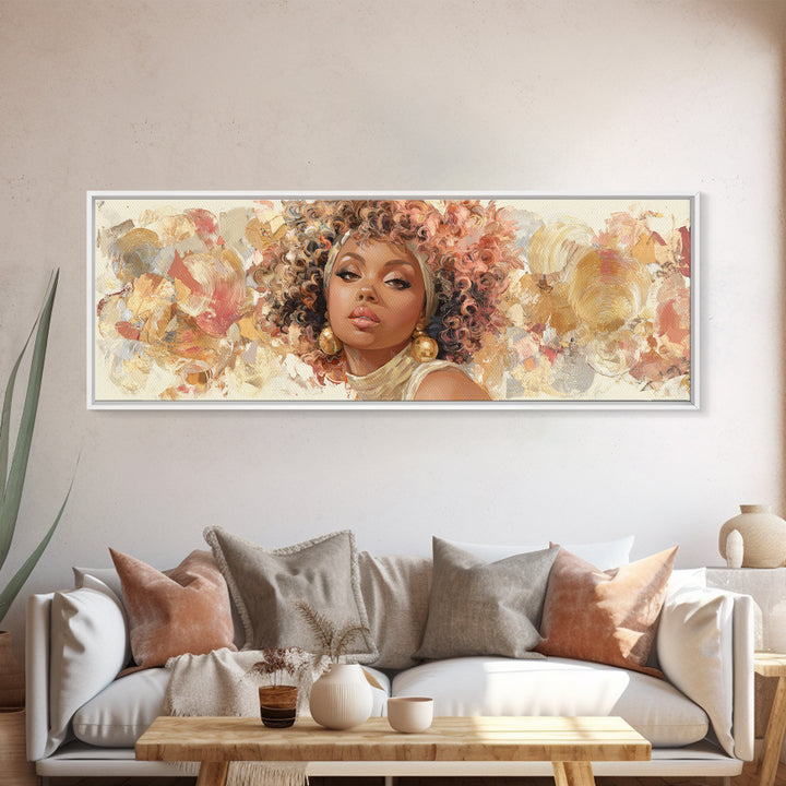 Curly Hair Portrait Framed Canvas Print, Hair Salon Art, Black Wall Art, Living Room Decor, Oil Painting, Style, HSA-3x1-79