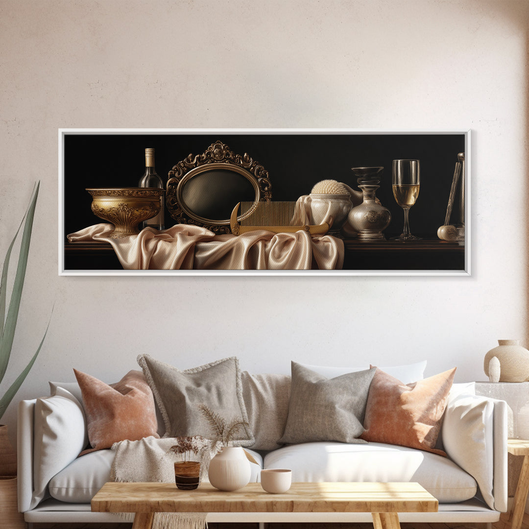 Baroque Mirror and Comb Still Life Framed Canvas Print, Hair Salon Art, Black Girl Art, Living Room Decor, Fine Art, Style, HSA-3x1-81
