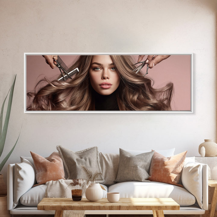 Elegant Hands Styling Hair Canvas Print, Hair Salon Art, Printable Art, Living Room Decor, Watercolor Art, Style, HSA-3x1-86