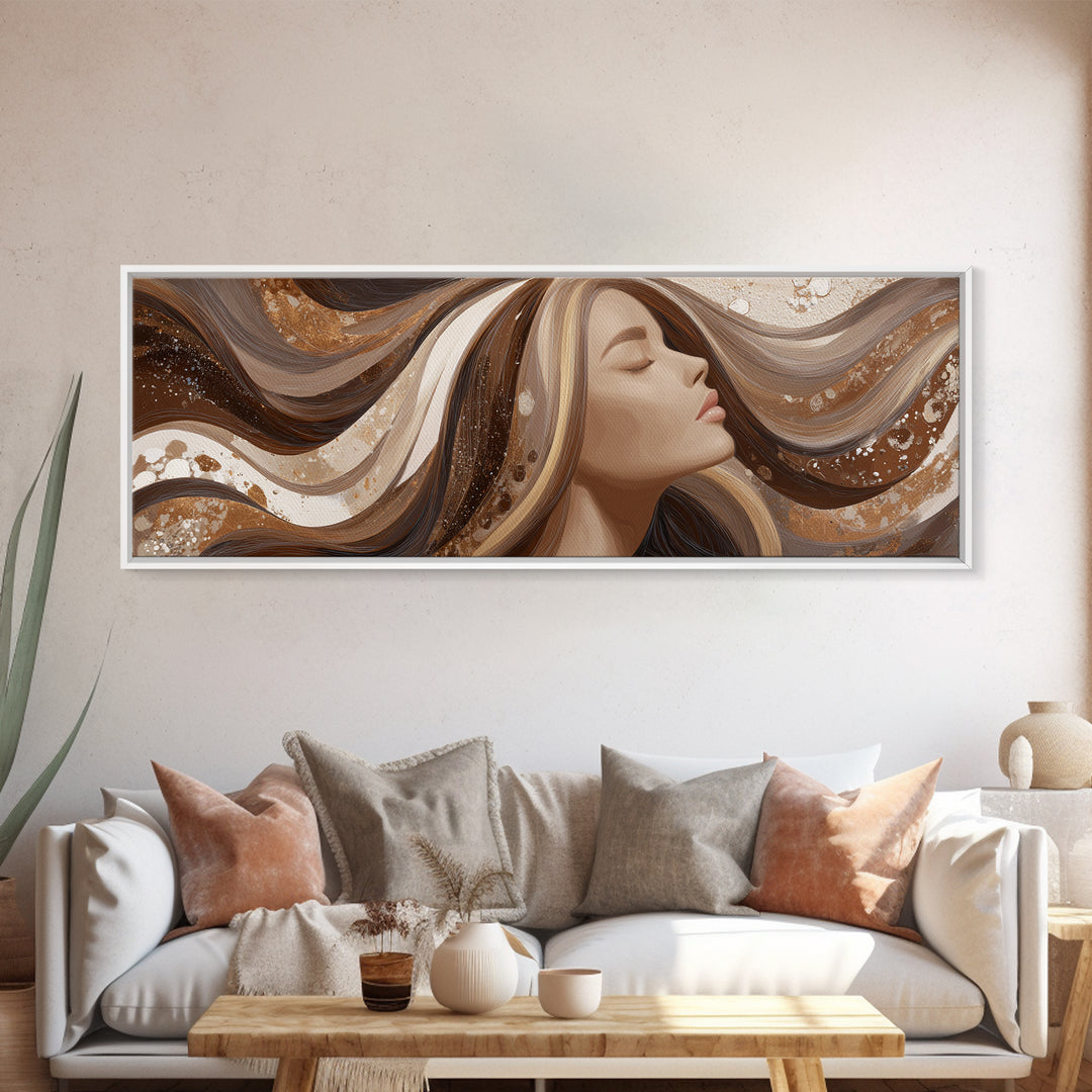 Fashion Portrait with Flowing Glossy Hair Framed Canvas Print, Hair Salon Art, Salon, Living Room Decor, Fine Art, Style, HSA-3x1-89