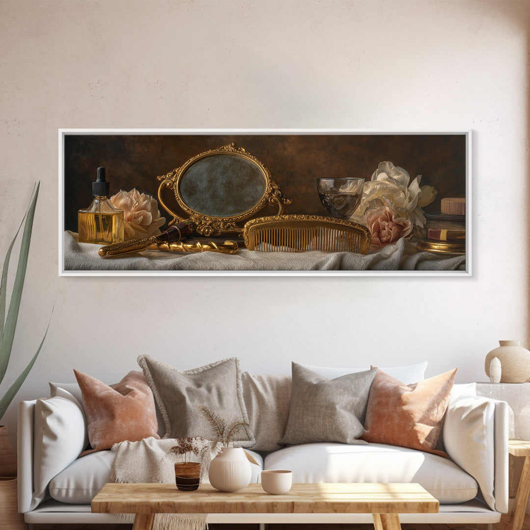 Baroque Mirror and Comb Still Life Framed Canvas Print, Hair Salon Art, Printable Art, Living Room Decor, Fine Art, Style, HSA-3x1-9